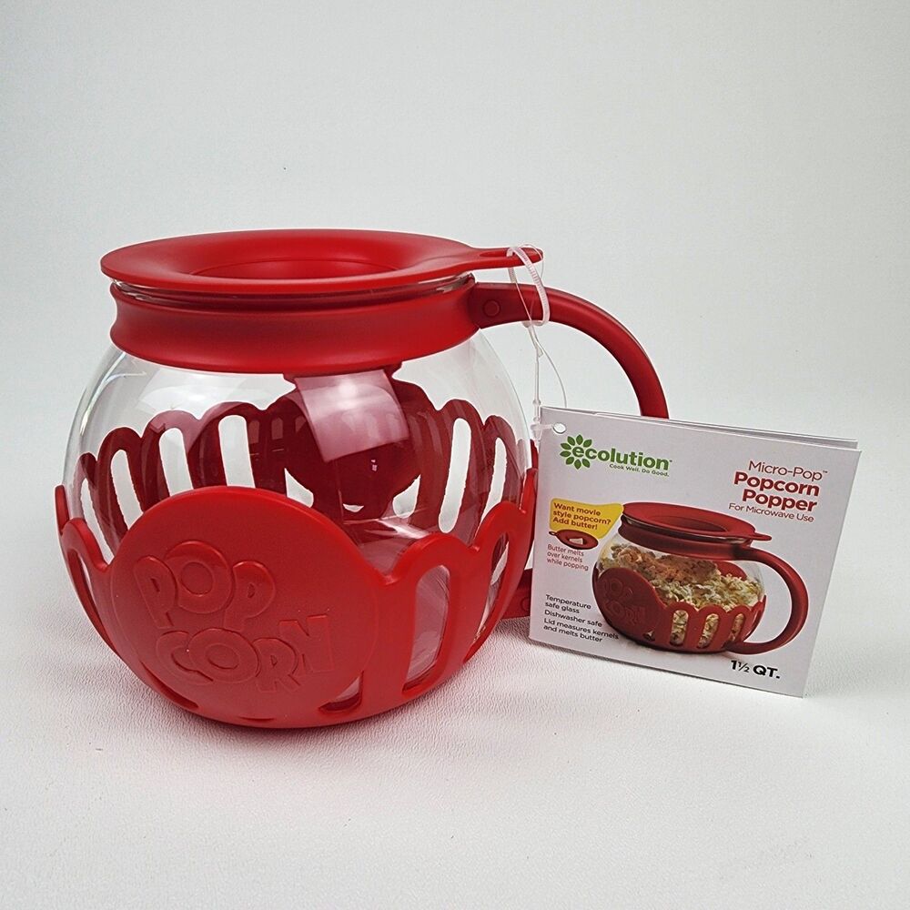 Ecolution Micro-Pop Microwave Popcorn Popper Glass 1.5 Qt Red New